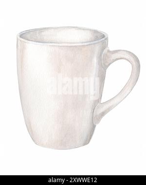 Tè bianco, illustrazione disegnata a mano. Tazza bianca acquerello su sfondo bianco. Bevanda calda a colazione, clipart. Foto Stock