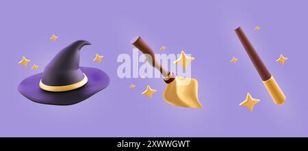 Magic wizard game icons - realistic 3d vector illustration set of magician tools and elements. Dark peaked witch hat, broomstick and mystery wand with stars and sparkles for Halloween design. Illustrazione Vettoriale