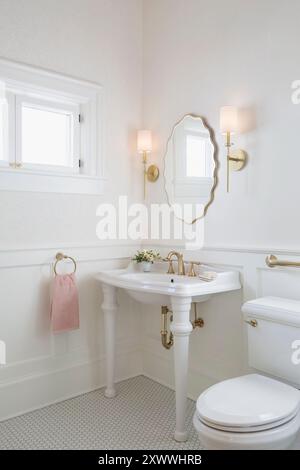 Bagno bianco con carta da parati rosa tenue e pannelli rialzati Foto Stock