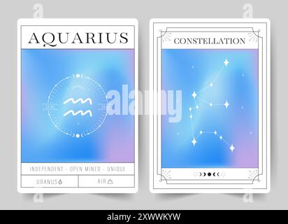 Acquario. Carte della stregoneria con segno zodiaco astrologico e costellazione. Poster astrologici moderni sfumati in stile Y2K. Perfetto per i tarocchi Illustrazione Vettoriale