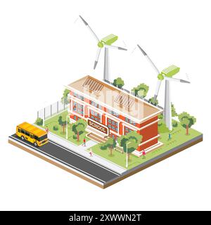 Edificio scolastico isometrico con pannelli solari e turbine eoliche isolate su sfondo bianco. Illustrazione vettoriale. Trees and Road. L'uomo va alla scuola Illustrazione Vettoriale