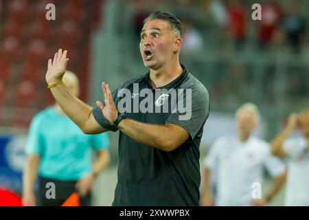 Halle, Deutschland 20. Agosto 2024: Regionalliga Nord/Ost - 2024/2025 - Hallescher FC vs. VSG Altglienicke IM Bild: Trainer Semih Keskin (Altglienicke) gestikuliert auf dem Spielfeld. Foto Stock