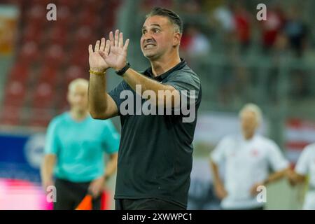 Halle, Deutschland 20. Agosto 2024: Regionalliga Nord/Ost - 2024/2025 - Hallescher FC vs. VSG Altglienicke IM Bild: Trainer Semih Keskin (Altglienicke) gestikuliert auf dem Spielfeld. Foto Stock