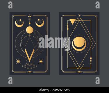 Carte Golden Magical Tarot con forme geometriche, stelle e mezzaluna. Mistero, astrologia, alchimia. Illustrazione vettoriale Illustrazione Vettoriale