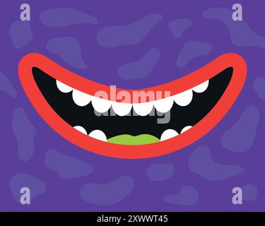 Cartoni animati che sorride la bocca del mostro con le zanne. Primo piano dei denti dei mostri viola. Creatura sorridente. Illustrazione vettoriale Illustrazione Vettoriale