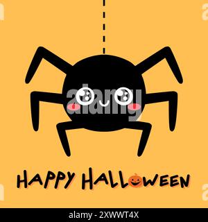 Buon biglietto di auguri di Halloween con un grazioso ragno appeso su una ragnatela. Felice ragno sorridente in stile infantile. Illustrazione vettoriale Illustrazione Vettoriale