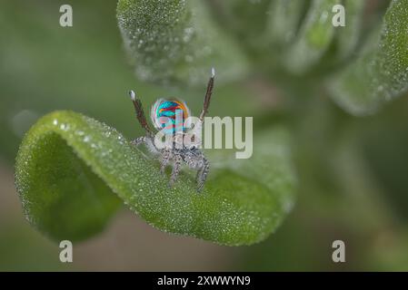 Ragno pavone maschile, Maratus speciosus, che danzava per un ragno femminile. Foto Stock