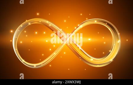Simbolo dell'infinito che risplende l'oro. Segno luminoso dell'infinito Illustrazione Vettoriale