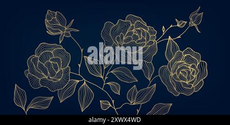 Oro vettoriale su rose blu, elegante sfondo floreale. Foglie e fiori, ornamento in rame, stampa naturale, arte da parete. Illustrazione Vettoriale