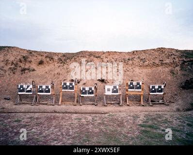 Immagine di diversi bersagli allineati in un campo esterno a Kiev, Ucraina, catturati nel 2010. La fotografia raffigura l'addestramento militare e la pratica del bersaglio, indicando la militarizzazione. Foto Stock