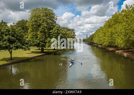 Bedford, Inghilterra - 8 luglio 2024: Due rematori si allenano in un doppio scull sul fiume Great Ouse nella città di Bedford a Bedfordhire, Inghilterra Foto Stock