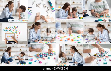 Bambini impegnati in divertenti attività di apprendimento con gli insegnanti in classe Foto Stock