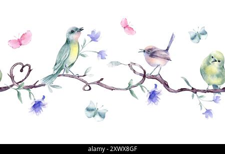 Piccoli uccelli sui rami degli alberi a forma di cuore acquerello bordo senza cuciture isolato. Viola e uccellini verdi carini su liana con fiori, farfalle mano d Foto Stock