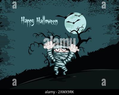 Una figura cartoni animati è in piedi di fronte a un albero con una luna sullo sfondo. L'immagine è intitolata "Happy Halloween" e ha un'atmosfera spettrale e inquietante Illustrazione Vettoriale