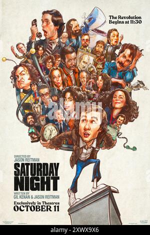 Saturday Night (2024) diretto da Jason Reitman e interpretato da Lamorne Morris, J.K. Simmons e Dylan o'Brien. Basato sulla vera storia di ciò che è accaduto dietro le quinte nei 90 minuti precedenti alla prima trasmissione di Saturday Night Live l'11 ottobre 1975. Pieno di umorismo, caos e la magia di una rivoluzione che quasi non lo era, contiamo alla rovescia i minuti in tempo reale finché non sentiamo quelle famose parole. Poster US Advance ***SOLO PER USO EDITORIALE***. Credito: Uscita BFA / Sony Pictures Foto Stock