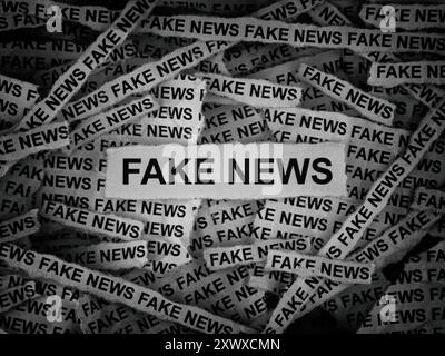 Strisce di giornale con le parole Fake News scritte sopra. Bianco e nero. Primo piano. Foto Stock