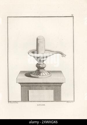 Linga o Shiva linga, rappresentazione aniconica del dio indù Shiva nello Shaivismo. Lingam con tripundra su una base Yoni, rappresentazione aniciconica della dea indù Shakti. Lingam. Incisione su copperplate di Jean-Baptiste Marie Poisson dopo un'illustrazione di Pierre Sonnerat dal suo Voyage aux Indes Orientales et à la Chine (viaggio nelle Indie Orientali e Cina, Dentu, Parigi, 1806. Foto Stock