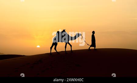 Silhouette di uomo berbero non identificato che conduce un cammello attraverso le dune di sabbia al tramonto nel deserto del Sahara, in Marocco Foto Stock