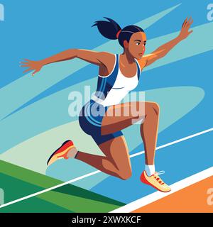 Illustrazione vettoriale salto lungo donna - Design di salto femminile atletico per grafica sportiva Illustrazione Vettoriale