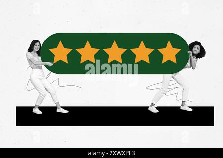 Collage di foto con immagine di schizzo 3D di tendenza composita di due direttori d'ufficio con striscioni pesanti feedback a cinque stelle Foto Stock