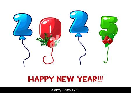 Palloncino numero 2025 nuovo anno, vettore isolato. Decorazioni per feste natalizie. Carattere lucido della bollatura del cartone animato Illustrazione Vettoriale