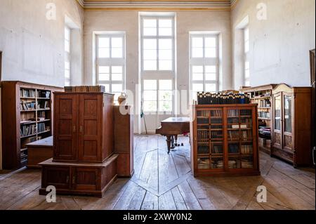 Librerie e pianoforte nel castello rinascimentale Schloss Dietldorf e edificio storico. Burglengenfeld, distretto di Schwandorf, Baviera, Germania. Foto Stock