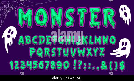 Font spaventoso per Halloween, tipo di mostro, carattere zombie, set tipografico vettoriale dell'alfabeto Helloween. Caratteri di lettere e numeri sottili verdi vettoriali con Illustrazione Vettoriale