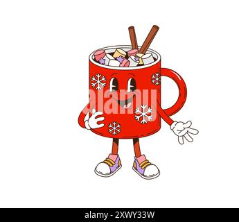 Caffè natalizio con marshmallow dal gusto retrò. Tazza da caffè isolata per cartoni animati, decorata con fiocchi di neve e bastoncini di cannella. Illustrazione Vettoriale