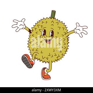 Personaggio Cartoon Groovy durian Fruit. Allegro, tropicale, maturo e sano personaggio fruttato con occhi e sneakers espressivi sorride, salta e Illustrazione Vettoriale