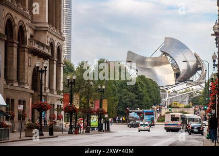 Jay Pritzker Pavilion Modern Architecture Theater, Millenium Park, Chicago, Illinois, Stati Uniti Foto Stock