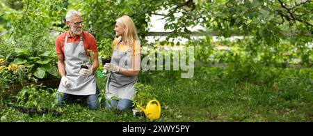 Ritratto dei coniugi maturi sorridenti che giardinano insieme sul cortile Foto Stock