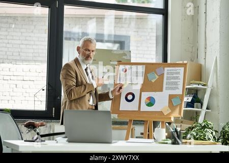 Un insegnante maturo con la barba si trova di fronte a un tabellone con le carte, spiegando i concetti a una lezione online. Foto Stock