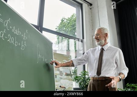 Un gay più anziano con la barba insegna online, spiegando equazioni matematiche su una lavagna. Foto Stock