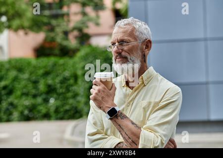 Uomo di mezza età con barba, bicchieri che reggono caffè, guarda l'edificio moderno, godendosi la vista Foto Stock
