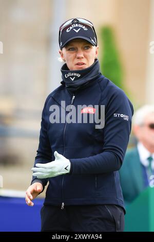 21 agosto 2024; Old Course at St Andrews, St Andrews, Fife, Scozia; AIG Womens Open Golf, Practice Day 3; Madelene Sagstrom della Svezia sul primo tee del Old Course, St Andrews Links durante il pro-AM all'AIG Women's Open Foto Stock