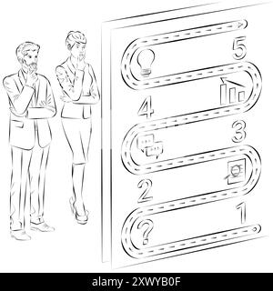 Uomo e donna che utilizzano 5 fasi per identificare problemi o opportunità nel processo decisionale. Concetto di business. Schizzo. Illustrazione vettoriale. Illustrazione Vettoriale