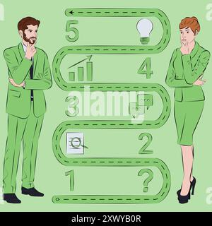 Uomo e donna che utilizzano 5 fasi per identificare problemi o opportunità nel processo decisionale. Concetto di business. Illustrazione vettoriale. Illustrazione Vettoriale