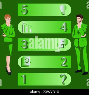 Uomo e donna che utilizzano 5 fasi per identificare problemi o opportunità nel processo decisionale. Concetto di business. Illustrazione vettoriale piatta. Illustrazione Vettoriale