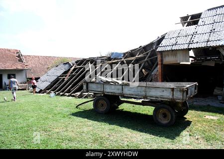 La forte tempesta che ha colpito parte della contea di Bjelovar-Bilogora ieri sera ha causato molti danni alla tenuta della famiglia Slavica Duraj i Grubisno Polje, Croazia, il 21 agosto 2024. Tutti gli edifici della fattoria furono completamente distrutti, a causa della forza del vento il fienile crollò e numerosi macchinari furono distrutti. La famiglia Duraj è stata aiutata da amici e vicini nel riparare i danni, e stanno anche chiedendo l'aiuto del sindaco perché avrebbero dovuto allevare i polli di Hrvatica nell'edificio demolito. Foto: Damir Spehar/PIXSELL Foto Stock