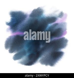 Acquerello spot di vernice blu scuro, indaco con sfumature turchesi e lilla, dipinto a mano con grandi pennellate in tecnica wet-on-wet Foto Stock