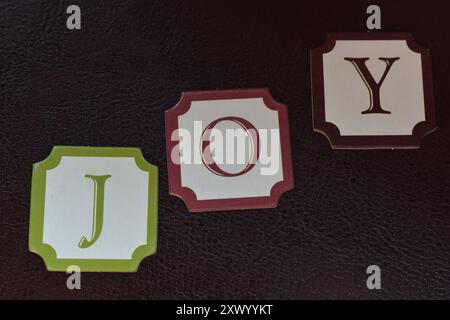 The word JOY formed with block style letters on a dark, textured background. Stock Photo