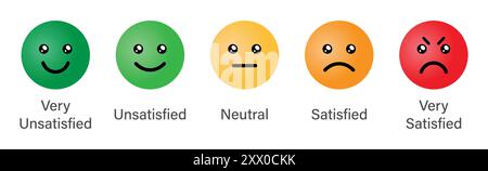 Emoji di valutazione impostata in stile 3d per il feedback dei clienti o l'esperienza del prodotto in diversi colori. Molto soddisfatto, soddisfatto, neutrale, insoddisfatto. Illustrazione Vettoriale