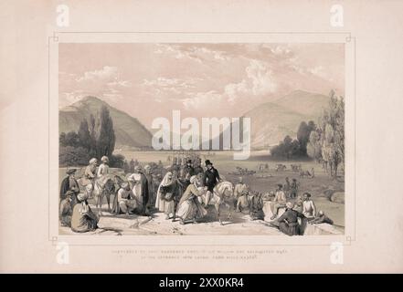 Prima guerra anglo-afghana. Resa di Dost Mahommed Khan, a Sir William Hay MacNaghten Bart, all'ingresso di Caubul da Killa-Kazee. 1842 l'illustrazione mostra Dost Mohammed che si arrende a Sir MacNaghten durante un giro a cavallo vicino Kabul nella valle di Qila-Qazi. Foto Stock