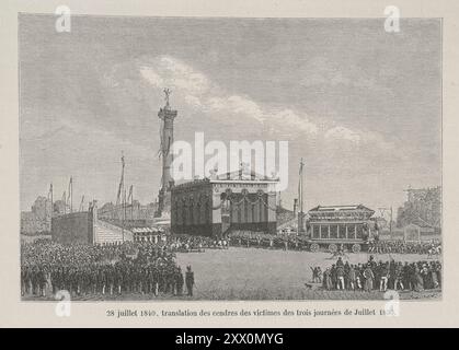 In una cerimonia per onorare le vittime della rivoluzione di luglio del 1830, una colonna fu eretta in Place de la Bastille nel 1840. La cerimonia inaugurale consisteva anche in una traduzione delle ceneri di varie vittime rivoluzionarie. Parigi, Francia. 28 luglio 1840 Foto Stock