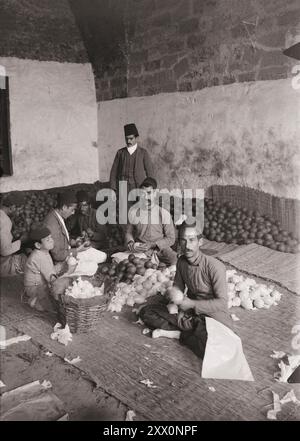 Vita in Palestina all'inizio del XX secolo. Jaffa. Imballaggio ed esportazione di arance. Palestina storica. Impero Ottomano. 1900-1920 Foto Stock