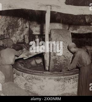 Vita in Palestina all'inizio del XX secolo. Olio tritato dall'oliva. Nablus, Palestina storica. Impero Ottomano. Dicembre 1903 Foto Stock