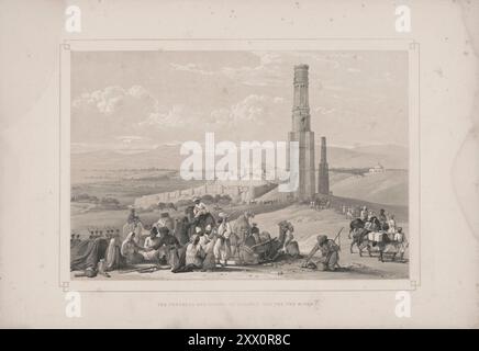 Prima guerra anglo-afghana. La fortezza e la Cittadella di Ghazni e i due minareti. 1840-1850. Schizzi di Jas. Atkinson, esq. Questa visione di Ghazni ha un notevole interesse, essendo stata teatro di un attacco riuscito da parte degli inglesi, sotto il comando di Lord Keane, ma che, ahimè! Da allora si è capitolato, le truppe sono state attaccate dai Ghazee, ne è seguito un terribile massacro, un centinaio solo di Sepoy, con il colonnello Palmer e diversi altri ufficiali britannici del Bombay Establishment, che sono fuggiti per poco con la loro vita. Nell'avvicinarsi alle mura di questa fortezza, c'è un truffatore Foto Stock