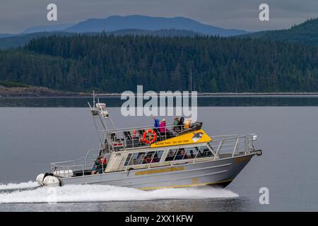 Vista della nave commerciale per l'avvistamento delle balene che opera nello stretto di Johnstone, Columbia Britannica, Oceano Pacifico, Canada, Nord America Foto Stock