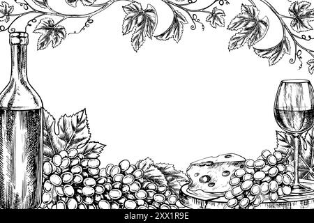 Una cornice con il vino. Grappoli d'uva, una bottiglia e un bicchiere di vino. Grafica vettoriale, illustrazione disegnata a mano in bianco e nero. Su sfondo bianco. F Illustrazione Vettoriale