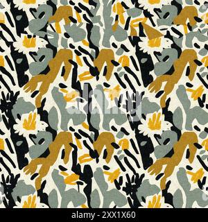 Moderno motivo blockprint in tessuto stampato con fiori selvatici e texture in lino. Motivi floreali boho scuri disegnati a mano stilizzati per elementi di design decorativi Foto Stock